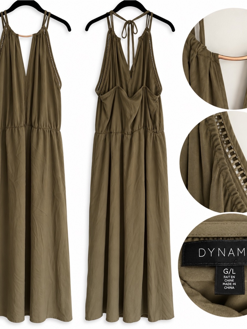 🫒 Dynamite Olive Green Halter Maxi Dress – Size L